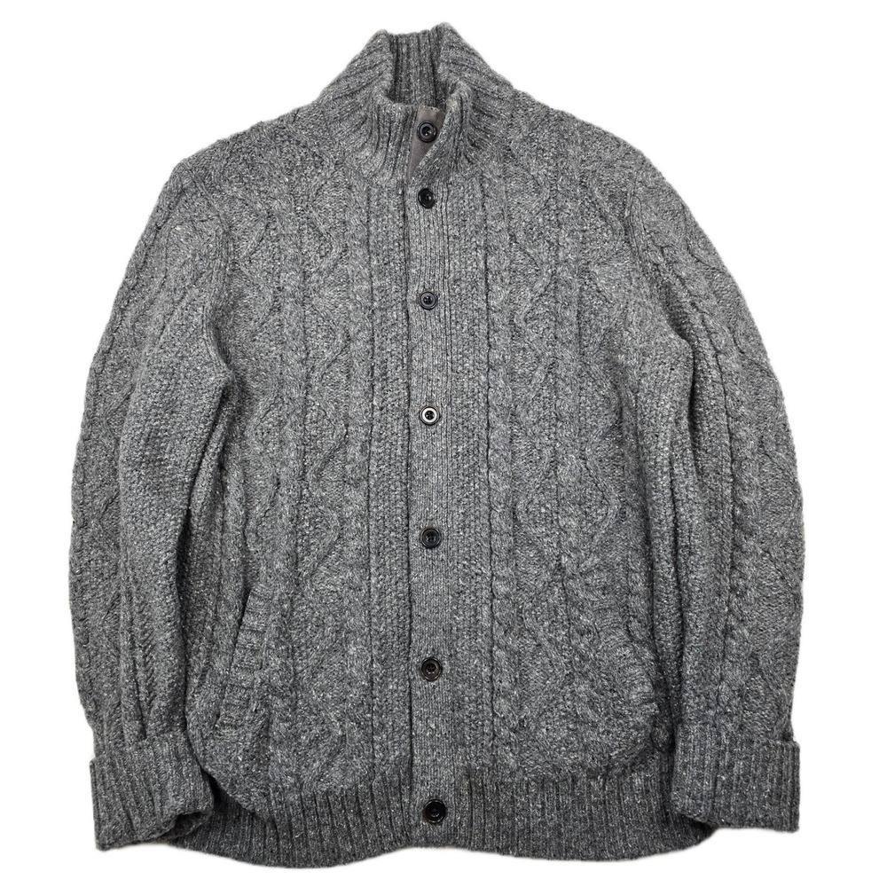 Gap Cardigan Sweater Mens Large Gray Lambswool Cable Knit Mock Neck CHUNKY